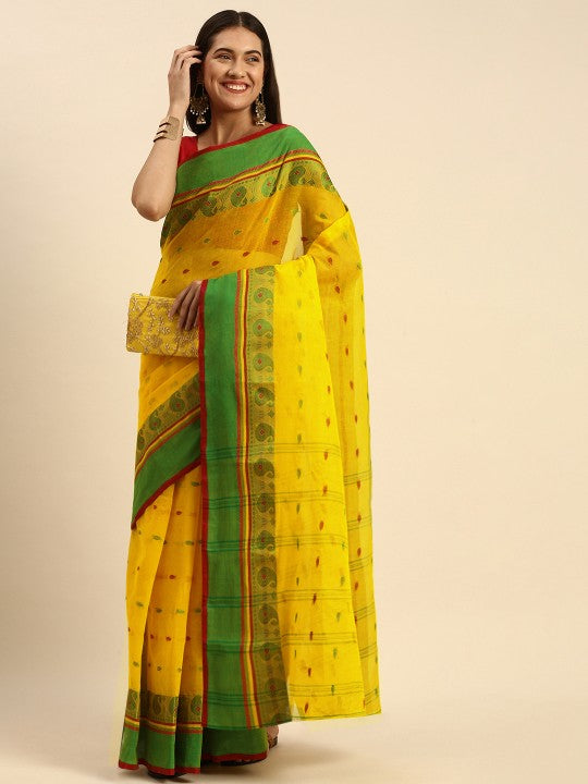 DESH BIDESH Woven Minakari Kolka Design Pure Cotton Bengal Taant Saree