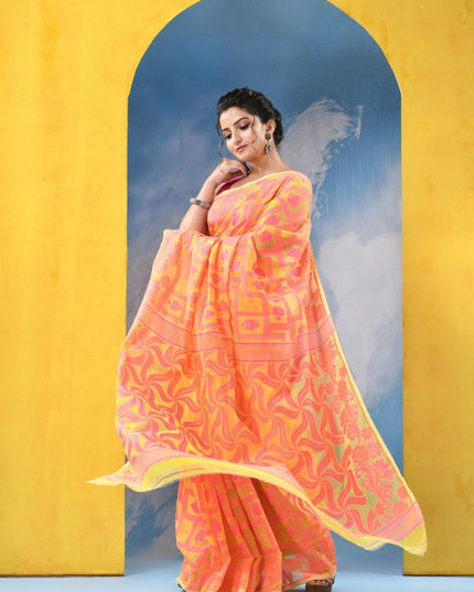 Yellow & Pink Woven Design Jamdani Saree with Solid Border