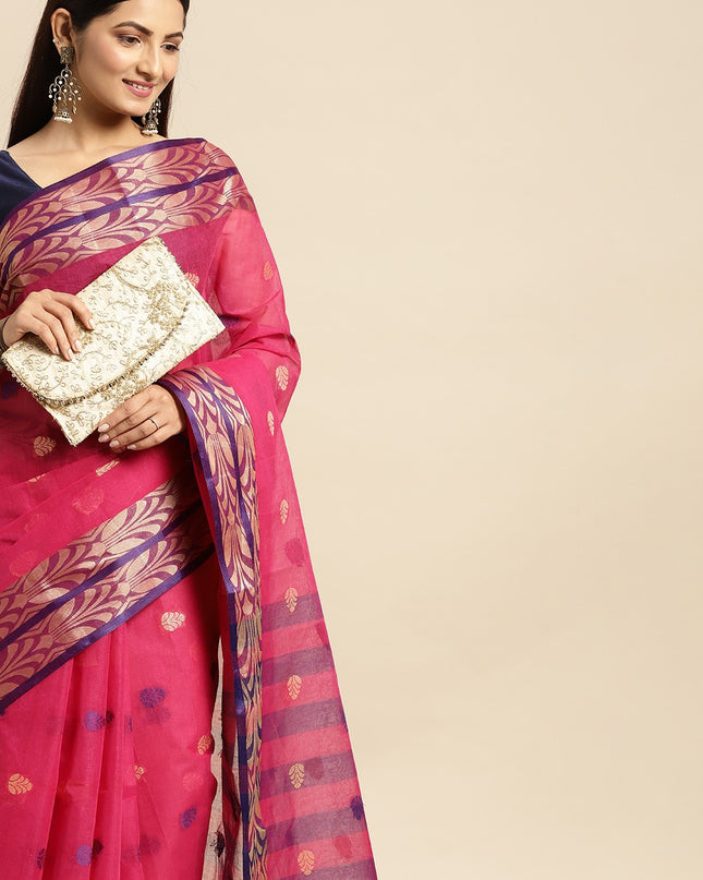 DESH BIDESH Pink Ethnic Motifs Pure Cotton Taant Saree