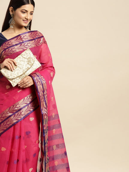 DESH BIDESH Pink Ethnic Motifs Pure Cotton Taant Saree