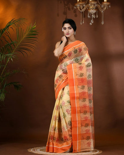 Exquisite Floral Pure Cotton Block Print Saree with Solid Border and Blouse Piece