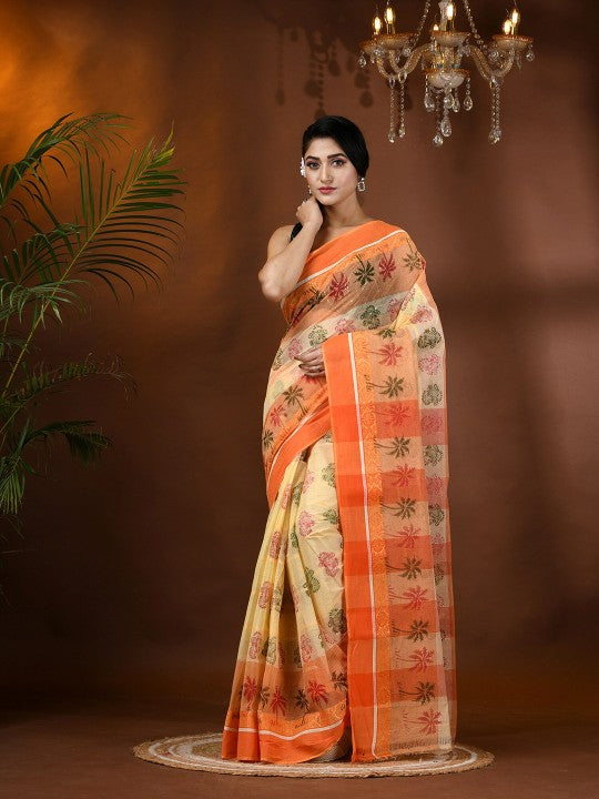 Exquisite Floral Pure Cotton Block Print Saree with Solid Border and Blouse Piece