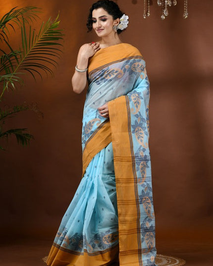 DESH BIDESH Blue Paisley Pure Cotton Taant Saree with Solid Border and Orange Pallu for Women