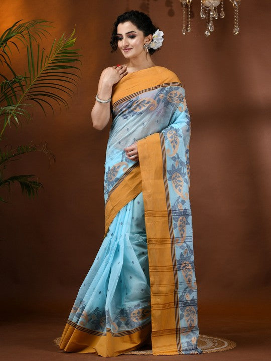 DESH BIDESH Blue Paisley Pure Cotton Taant Saree with Solid Border and Orange Pallu for Women