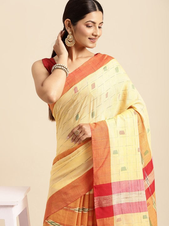 DESH BIDESH Yellow & Green Kotki Design Pure Cotton Taant Saree