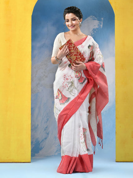 DESH BIDESH Ethnic Motifs Embroidered Pure Cotton Khadi Saree