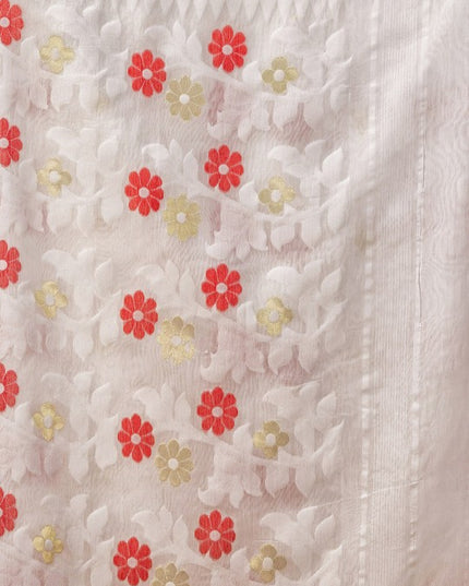 DESH BIDESH White & Red Pure Cotton Jamdani Saree, Woven Zari Design
