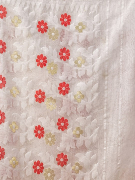 DESH BIDESH White & Red Pure Cotton Jamdani Saree, Woven Zari Design