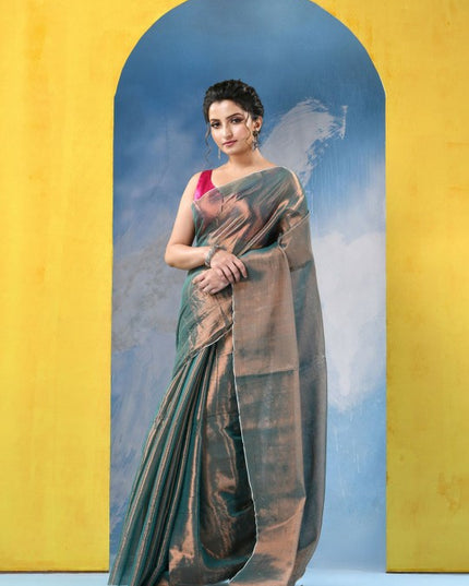 Exquisite Green and Gold Embellished Tissue Taant Saree for Women