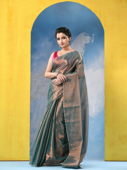 Exquisite Green and Gold Embellished Tissue Taant Saree for Women