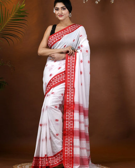Exquisite White & Red Woven Design Pure Cotton Taant Saree for Women