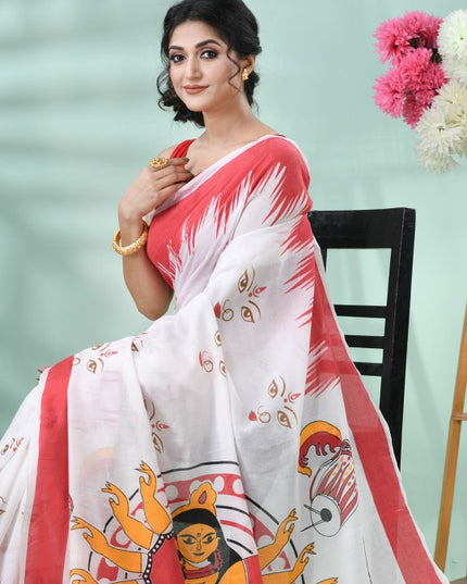 DESH BIDESH Pure Cotton Handloom Saree: Exquisite Handcrafted White and Red Cotton Saree
