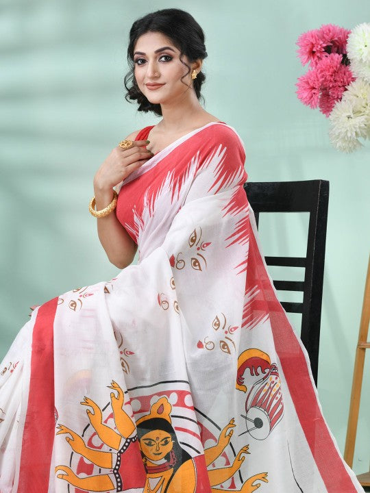 DESH BIDESH Pure Cotton Handloom Saree: Exquisite Handcrafted White and Red Cotton Saree