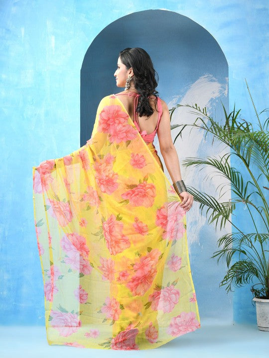 DESH BIDESH Women's Floral Printed Bandhani Saree with Unstitched Blouse Piece