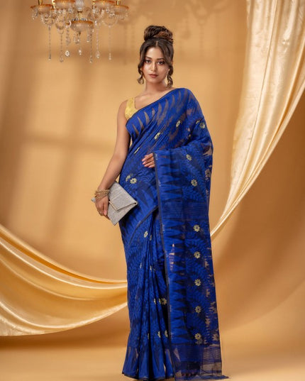 DESH BIDESH Women's Royal Blue Floral Jamdani Pure Cotton Saree with Woven Design