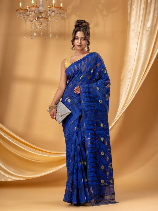 DESH BIDESH Women's Royal Blue Floral Jamdani Pure Cotton Saree with Woven Design