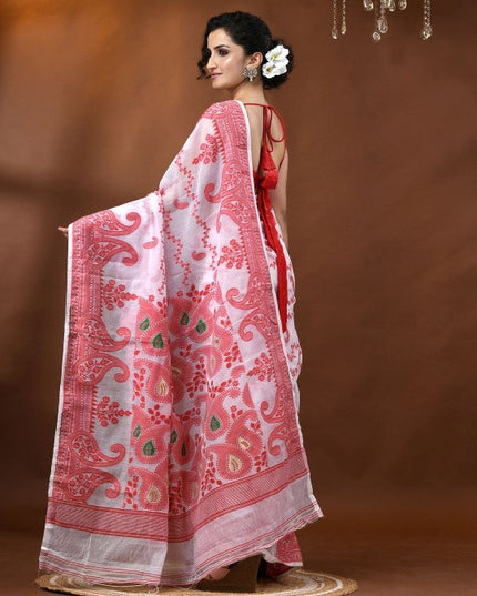 DESH BIDESH Women's Exquisite Red & White Woven Jamdani Saree with Solid Border