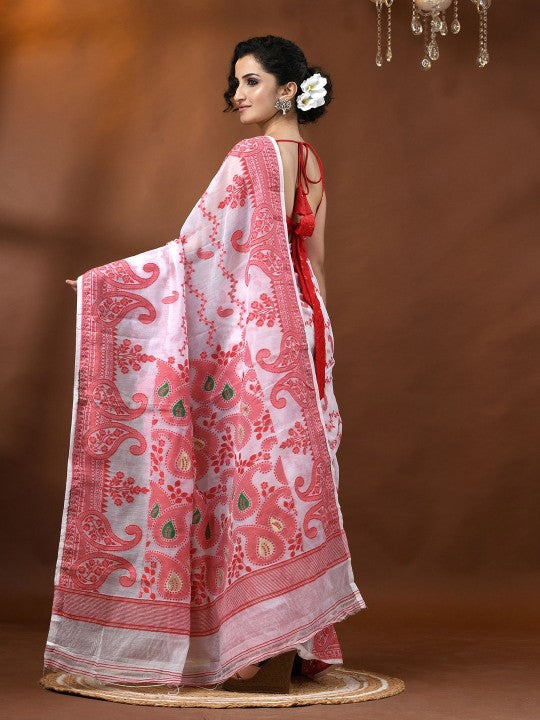 DESH BIDESH Women's Exquisite Red & White Woven Jamdani Saree with Solid Border