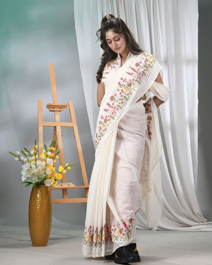Exquisite Floral Embroidered Silk Cotton Saree for Women - Traditional Indian Attire