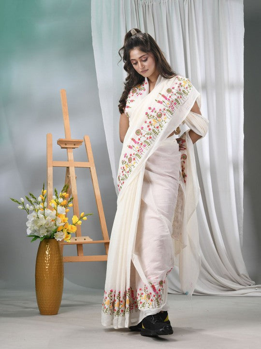Exquisite Floral Embroidered Silk Cotton Saree for Women - Traditional Indian Attire