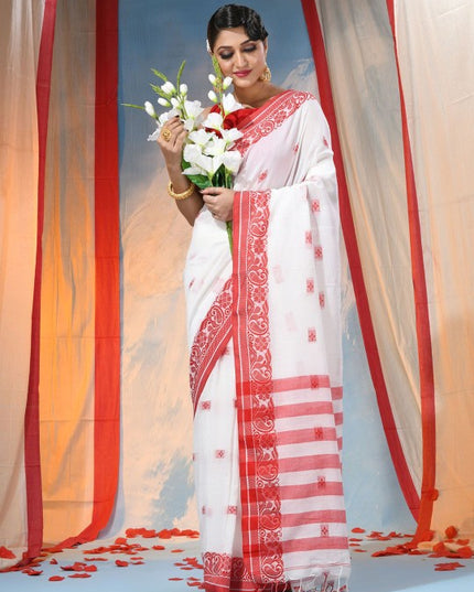 Exquisite Red & White Woven Design Paisley Taant Saree with Unstitched Blouse Piece