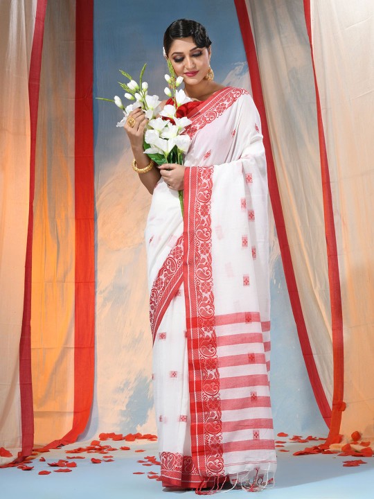 Exquisite Red & White Woven Design Paisley Taant Saree with Unstitched Blouse Piece
