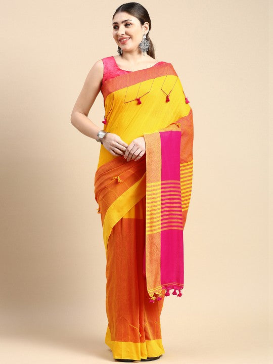 DESH BIDESH Colourblocked Pure Cotton Taant Saree