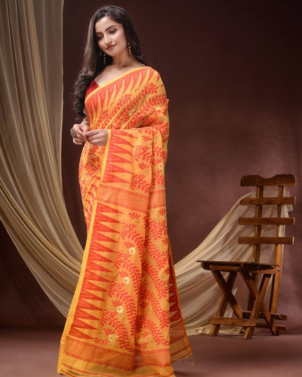 DESH BIDESH Women's Pure Cotton Jamdani Saree: Floral Woven Design, Orange & Mustard