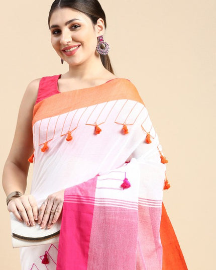 DESH BIDESH Solid Pure Cotton Tassel Design Taant Saree
