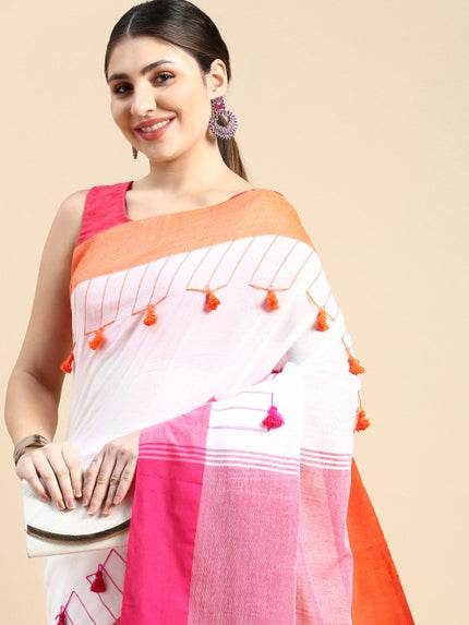 DESH BIDESH Solid Pure Cotton Tassel Design Taant Saree