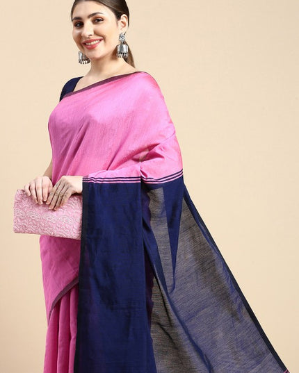DESH BIDESH Ghicha Cotton Colourblocked Saree: Elegant Pink & Blue with Solid Border