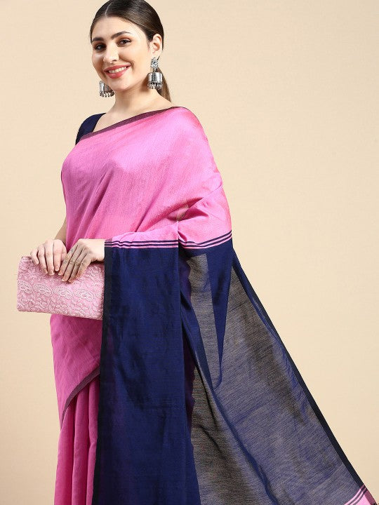 DESH BIDESH Ghicha Cotton Colourblocked Saree: Elegant Pink & Blue with Solid Border