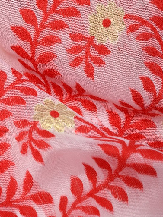 Red Cream Woven Pure Cotton Jamdani Saree with Floral Design Border