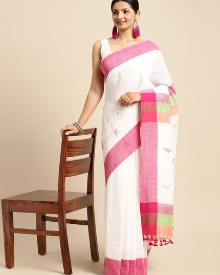 DESH BIDESH White & Pink Geometric Design Pure Cotton Taant Saree