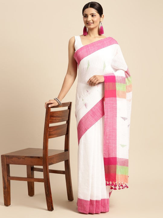 DESH BIDESH White & Pink Geometric Design Pure Cotton Taant Saree