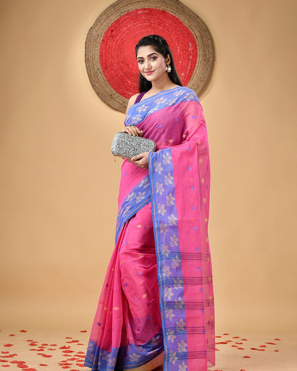 Pink Pure Handloom Cotton Saree with Leaf Woven Design and Taant Borders