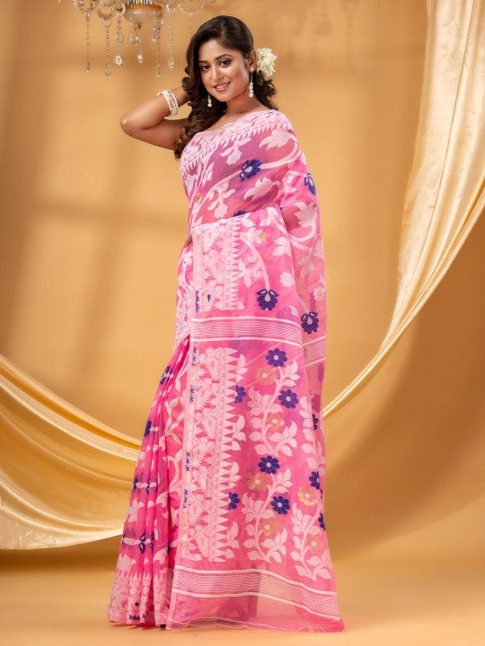 DESH BIDESH Floral Woven Design Zari Pure Cotton Jamdani Saree