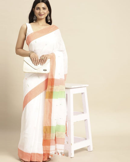 DESH BIDESH White & Orange Pure Cotton Taant Saree