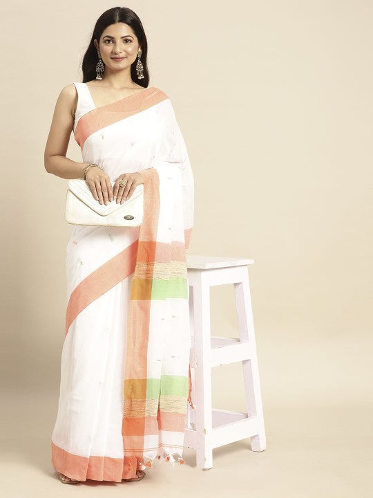 DESH BIDESH White & Orange Pure Cotton Taant Saree