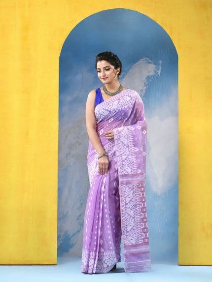 Exquisite Lavender Cotton Silk Blend Handloom Soft Golden Zari Jamdani Saree with Woven Design
