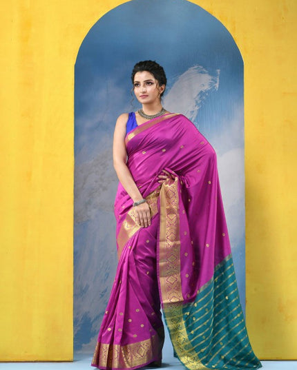Exquisite Magenta Green Kanjeevaram Silk Blend Zari Woven Saree with Unstitched Blouse Piece