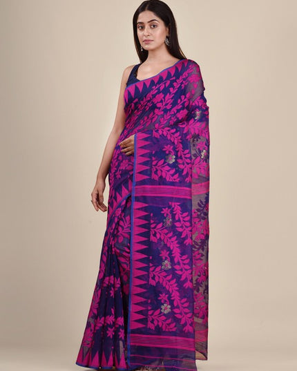 DESH BIDESH Purple & Pink Paisley Pure Cotton Jamdani Saree