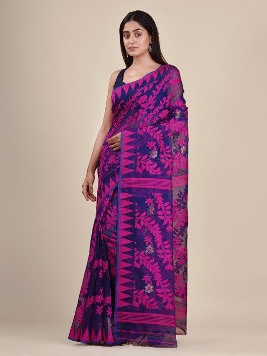 DESH BIDESH Purple & Pink Paisley Pure Cotton Jamdani Saree