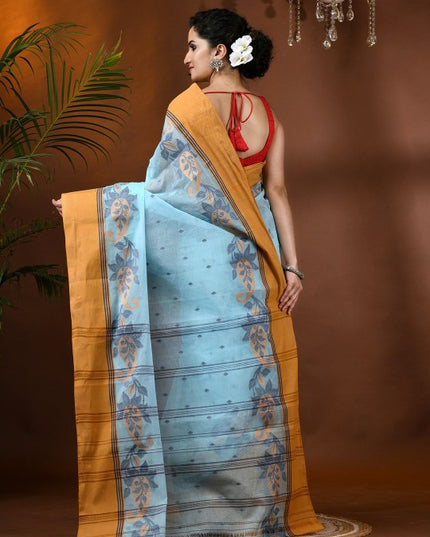 DESH BIDESH Blue Paisley Pure Cotton Taant Saree with Solid Border and Orange Pallu for Women