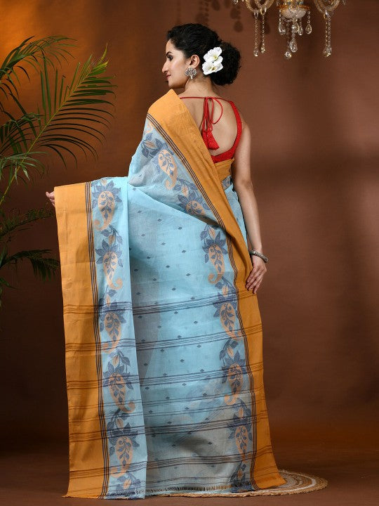DESH BIDESH Blue Paisley Pure Cotton Taant Saree with Solid Border and Orange Pallu for Women