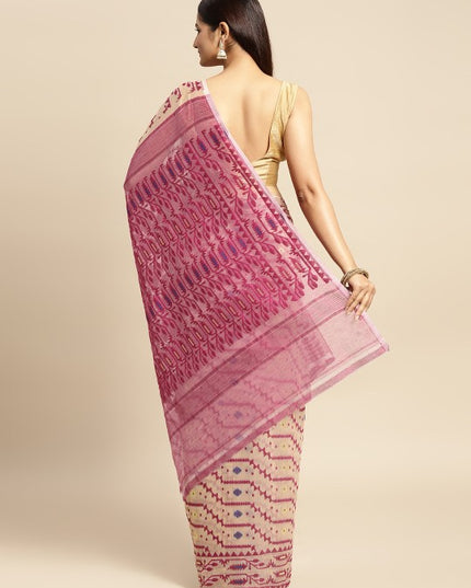 DESH BIDESH Cream Coloured & Magenta Woven Design Pure Cotton Jamdani Saree