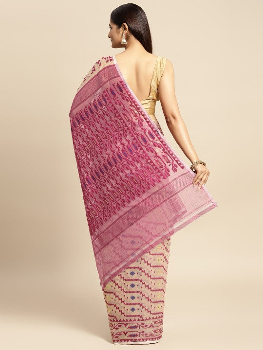 DESH BIDESH Cream Coloured & Magenta Woven Design Pure Cotton Jamdani Saree