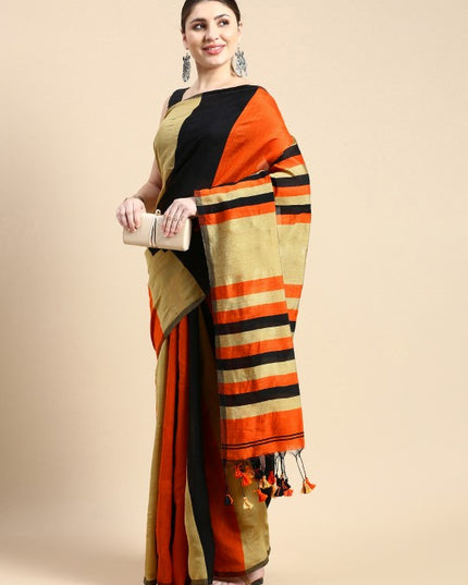 DESH BIDESH Elegant Ghicha Cotton Striped Saree with Unstitched Blouse Piece