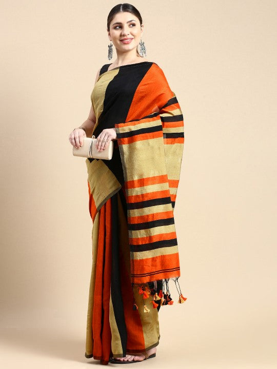 DESH BIDESH Elegant Ghicha Cotton Striped Saree with Unstitched Blouse Piece
