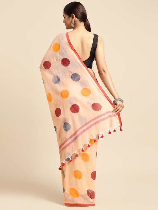 Off White & Maroon Geometric Print Pure Cotton Taant Saree
